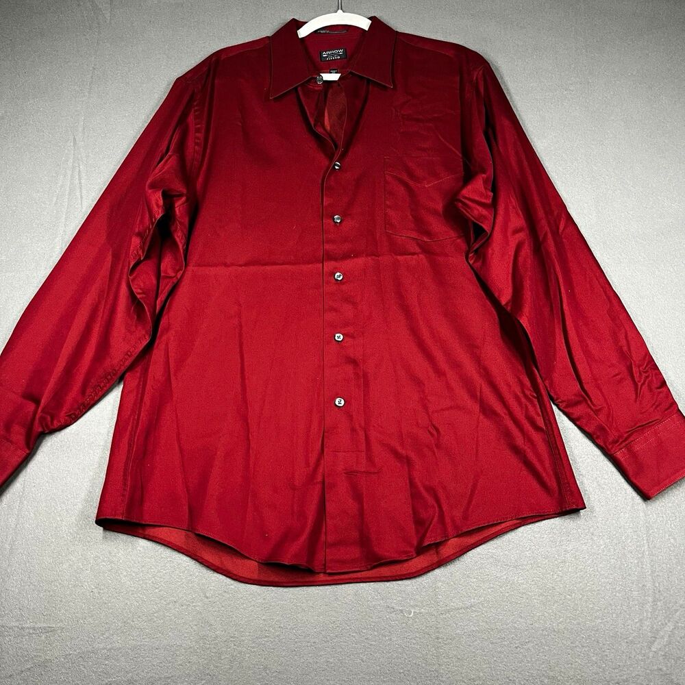 Arrow Mens 16.5 34/35 Fitted Sateen Solid Red Dress Shirt Wrinkle Resistant